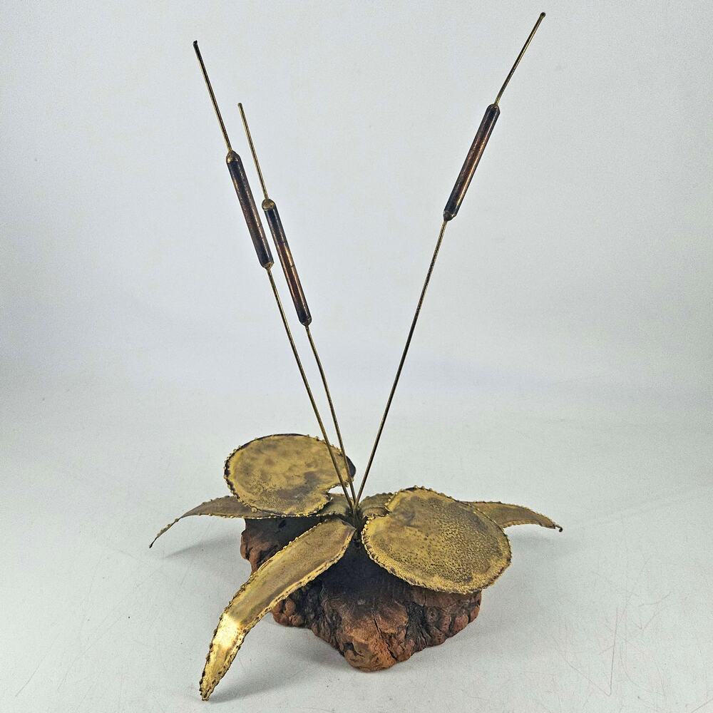 Vintage Mid Century Brutalist Brass Cattail lily pad leaves On Burlwood figurine